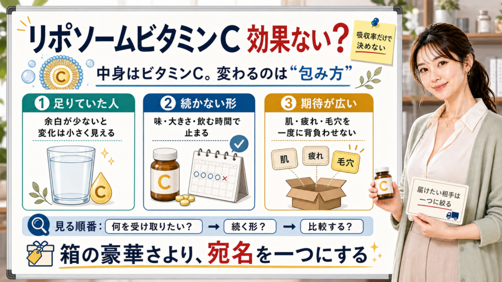 リポソームビタミンCが効果ないと感じる理由を足りていた人・続かない形・期待が広いで整理する図解