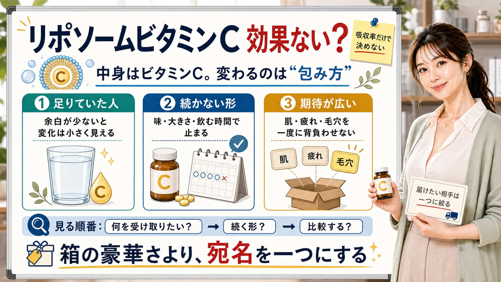 リポソームビタミンCが効果ないと感じる理由を足りていた人・続かない形・期待が広いで整理する図解