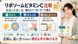 リポソームビタミンCと普通のビタミンCの違いを包み方・飲み心地・価格で比較する図解