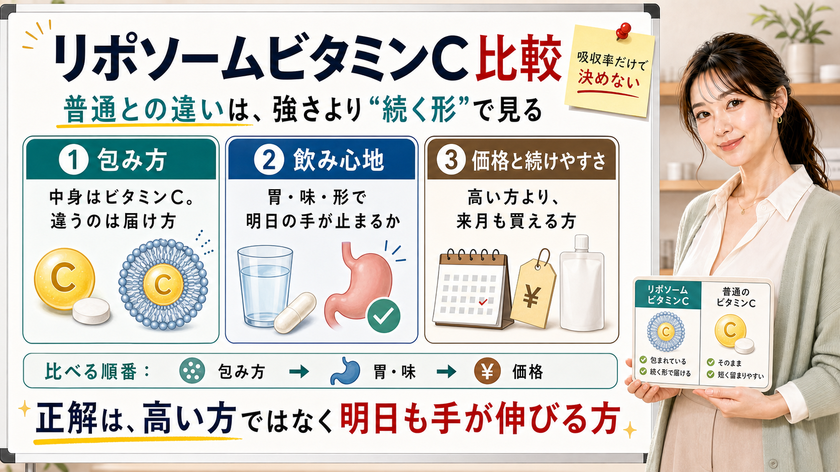 リポソームビタミンCと普通のビタミンCの違いを包み方・飲み心地・価格で比較する図解