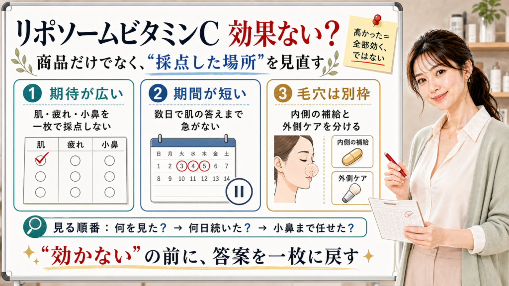 リポソームビタミンCが効果ないと感じる理由を期待・期間・毛穴別枠で整理する図解