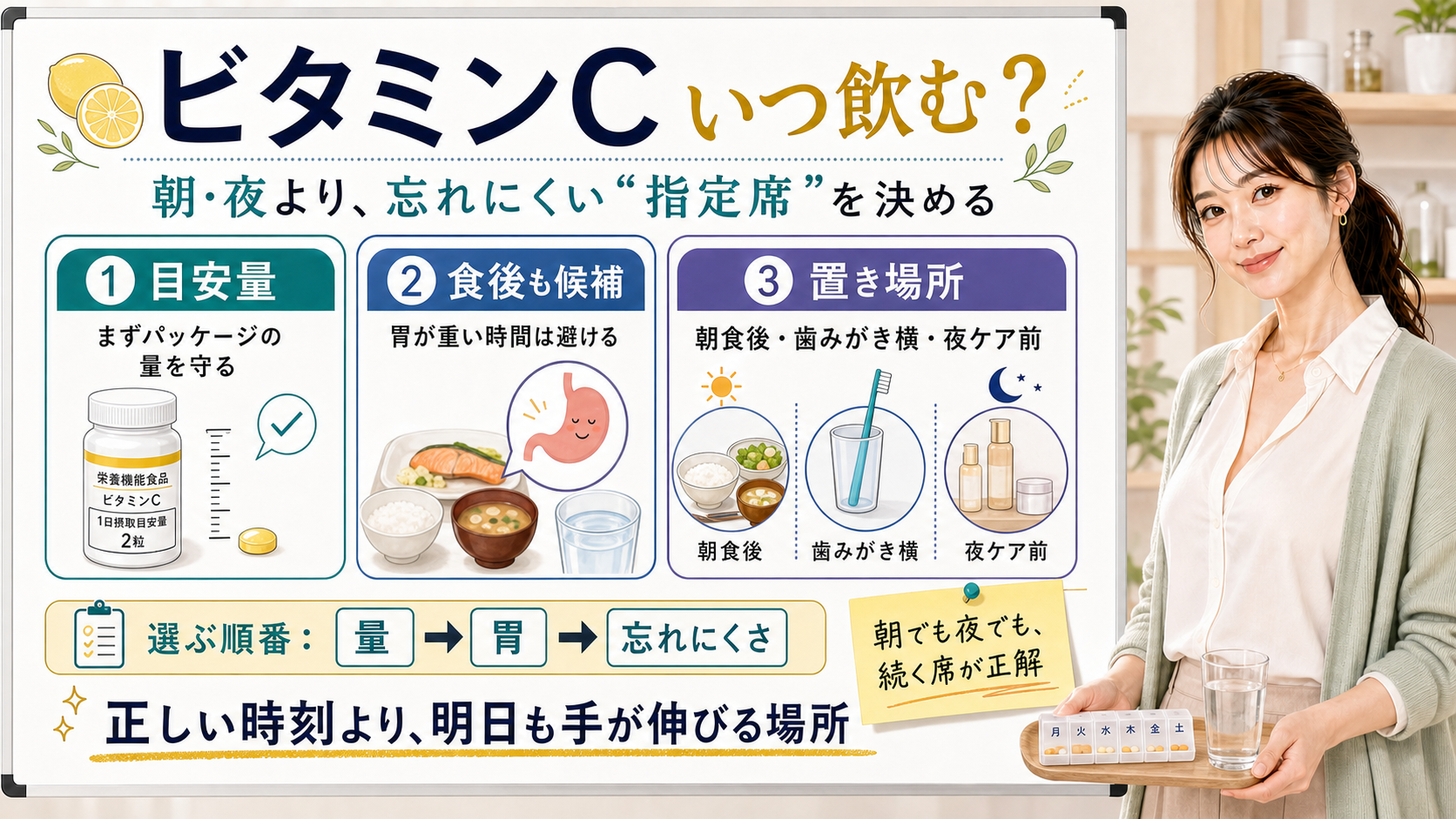 ビタミンCをいつ飲むかを目安量・食後・置き場所で整理する図解