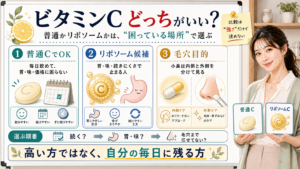 普通のビタミンCとリポソームビタミンCを続けやすさ・胃味・毛穴目的で選ぶ図解
