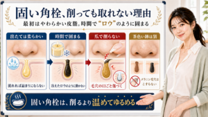 固い角栓は時間でロウのように固まった皮脂なので削らず温めてゆるめメラニン毛穴はこすらないと整理したアイキャッチ
