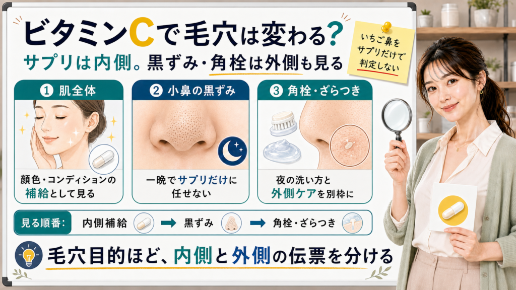 ビタミンCと毛穴・黒ずみ・角栓の関係を内側補給と外側ケアで分ける図解