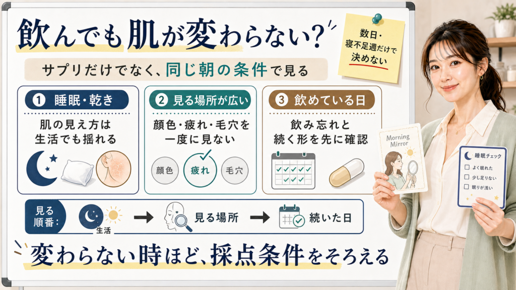 リポソームビタミンCを飲んでも肌が変わらない理由を生活条件・見る場所・続いた日で整理する図解