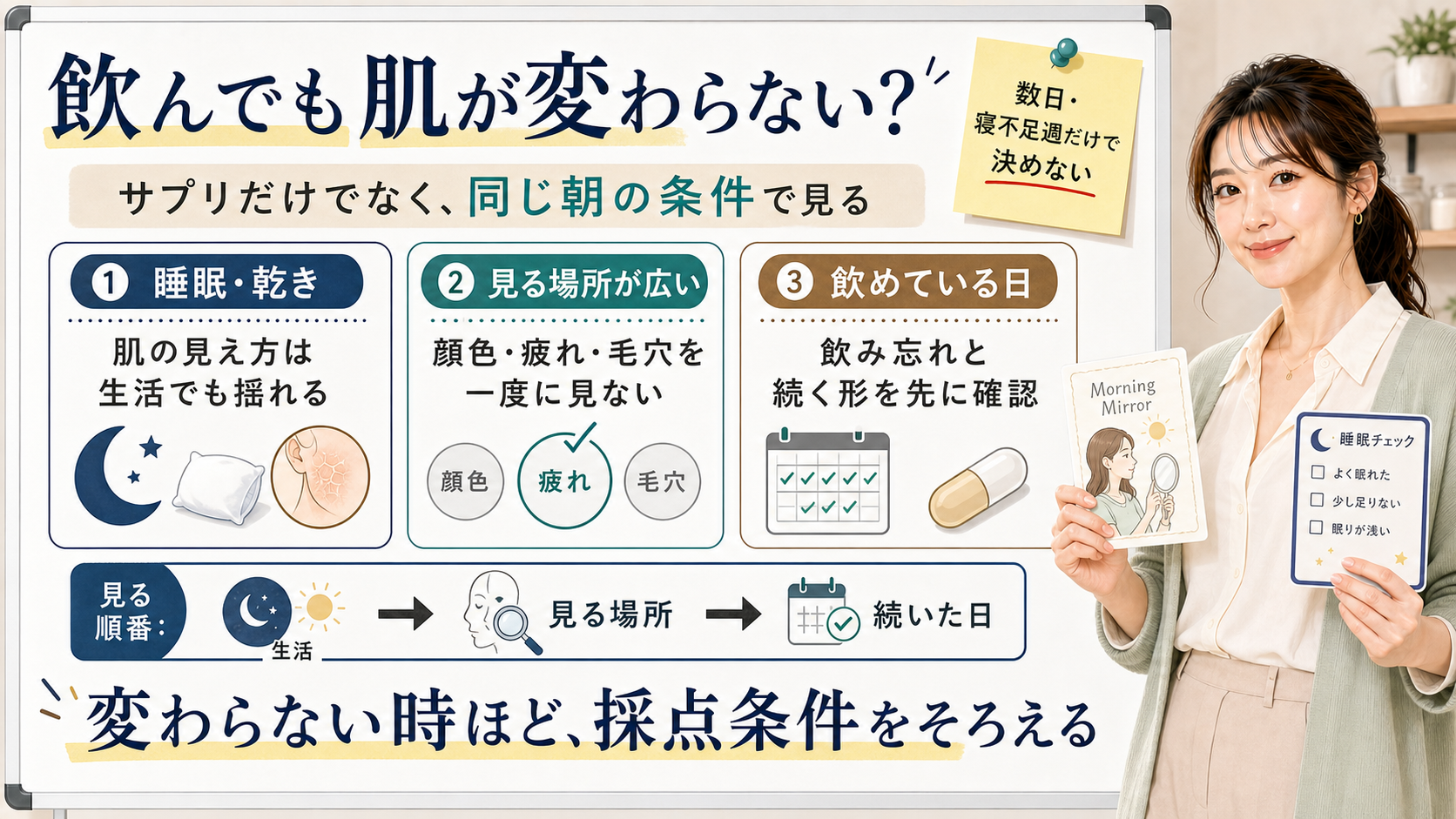 リポソームビタミンCを飲んでも肌が変わらない理由を生活条件・見る場所・続いた日で整理する図解