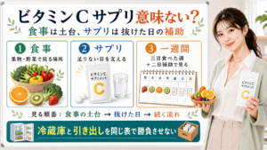 ビタミンCを食事とサプリのどちらで摂るべきかを食事・サプリ・一週間で整理する図解