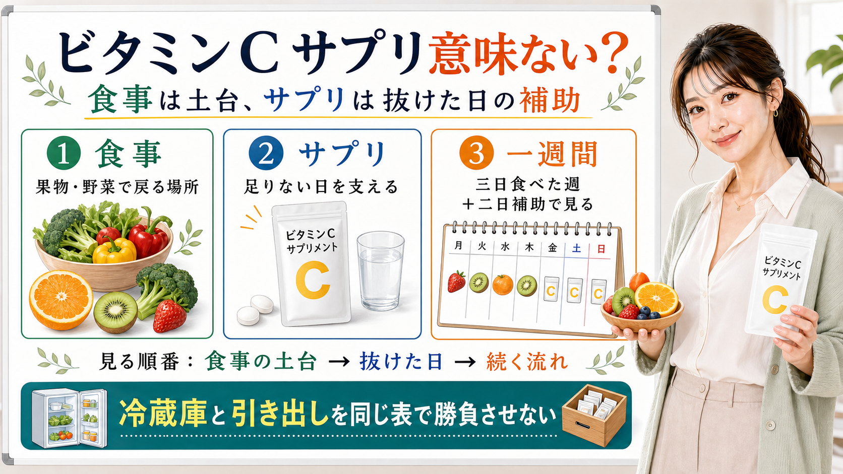 ビタミンCを食事とサプリのどちらで摂るべきかを食事・サプリ・一週間で整理する図解