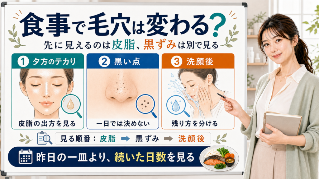 食事で毛穴が変わるかを夕方のテカり・黒い点・洗顔後で整理する図解