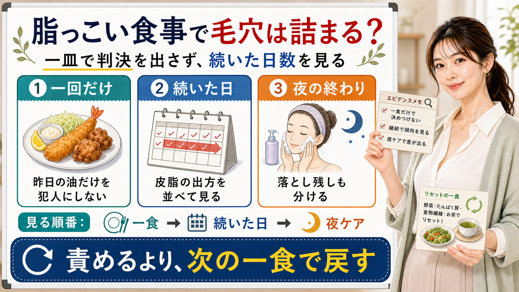 脂っこい食事で毛穴が詰まるかを一回だけ・続いた日・夜の終わりで整理する図解