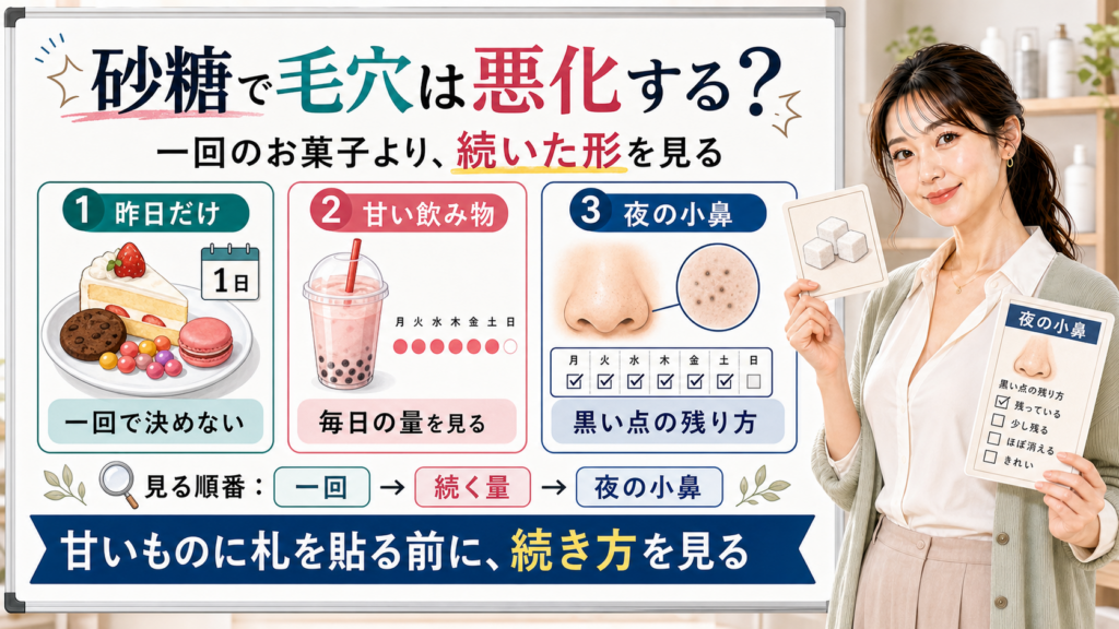 甘いものや砂糖で毛穴が悪化するかを昨日だけ・甘い飲み物・夜の小鼻で整理する図解