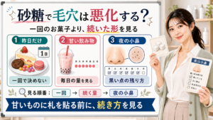 甘いものや砂糖で毛穴が悪化するかを昨日だけ・甘い飲み物・夜の小鼻で整理する図解