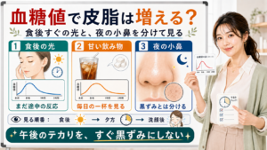 血糖値と皮脂の関係を食後の光・甘い飲み物・夜の小鼻で整理する図解