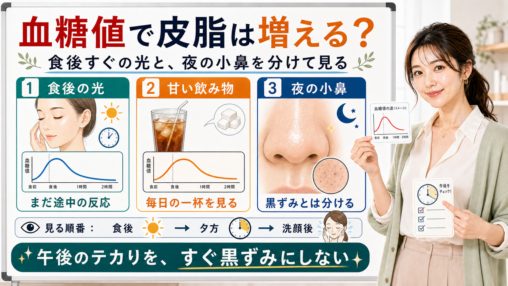 血糖値と皮脂の関係を食後の光・甘い飲み物・夜の小鼻で整理する図解