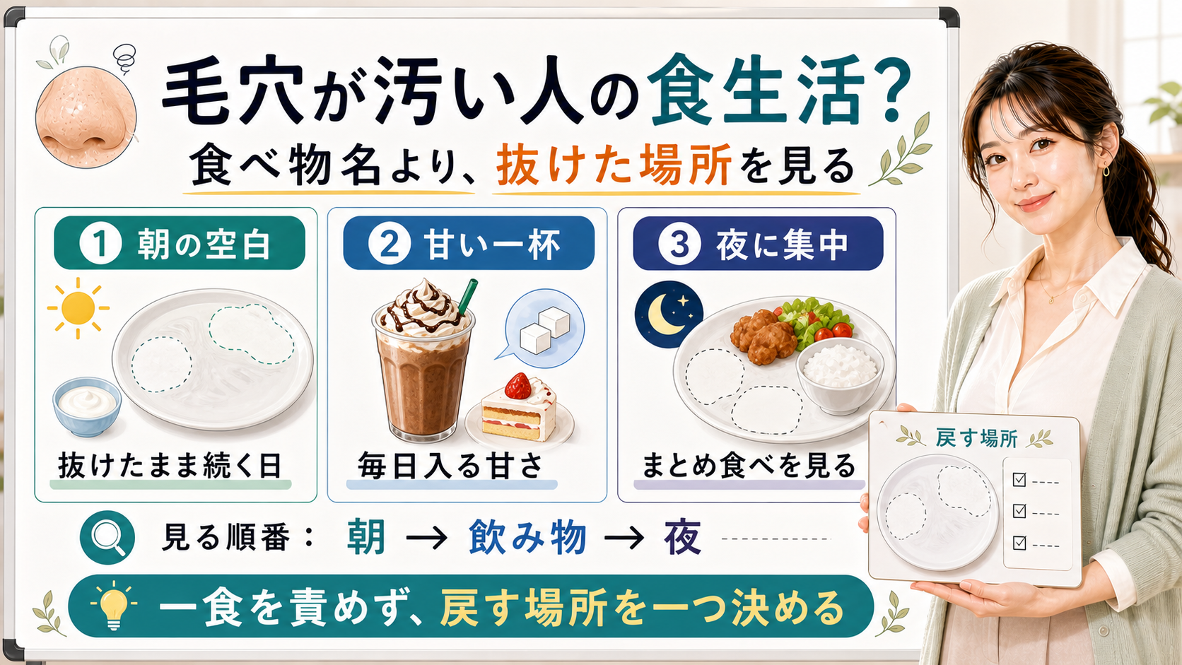 毛穴が汚く見える人の食生活を朝の空白・甘い一杯・夜に集中で整理する図解