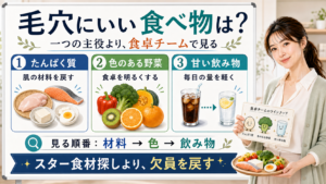 毛穴にいい食べ物をたんぱく質・色のある野菜・甘い飲み物で整理する図解