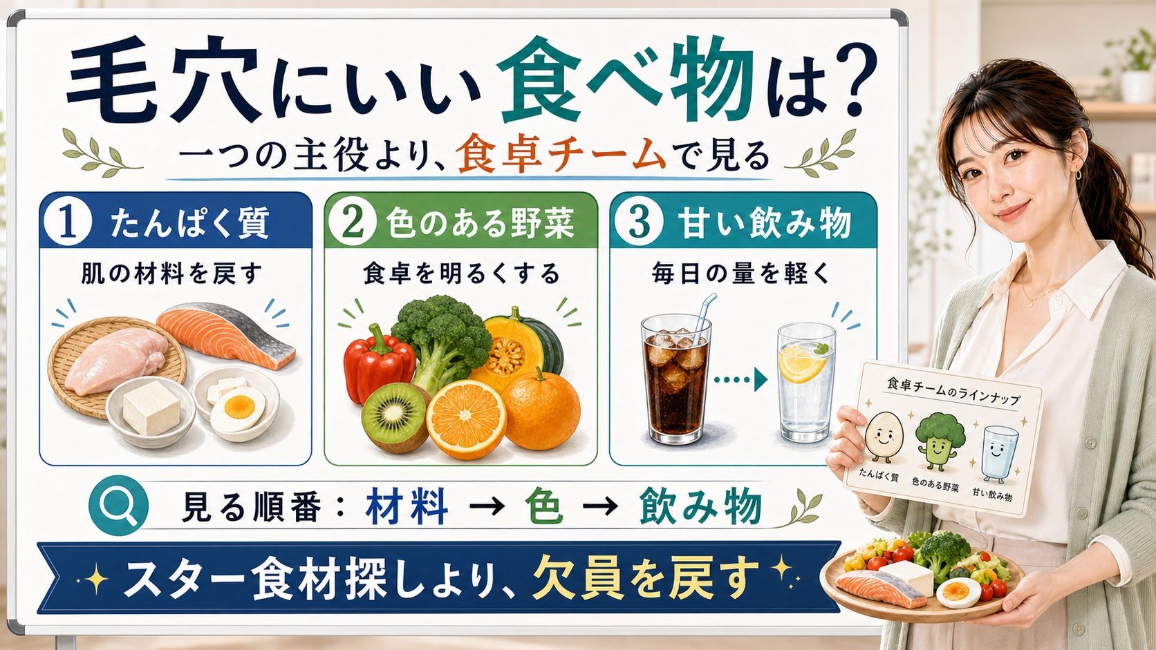 毛穴にいい食べ物をたんぱく質・色のある野菜・甘い飲み物で整理する図解