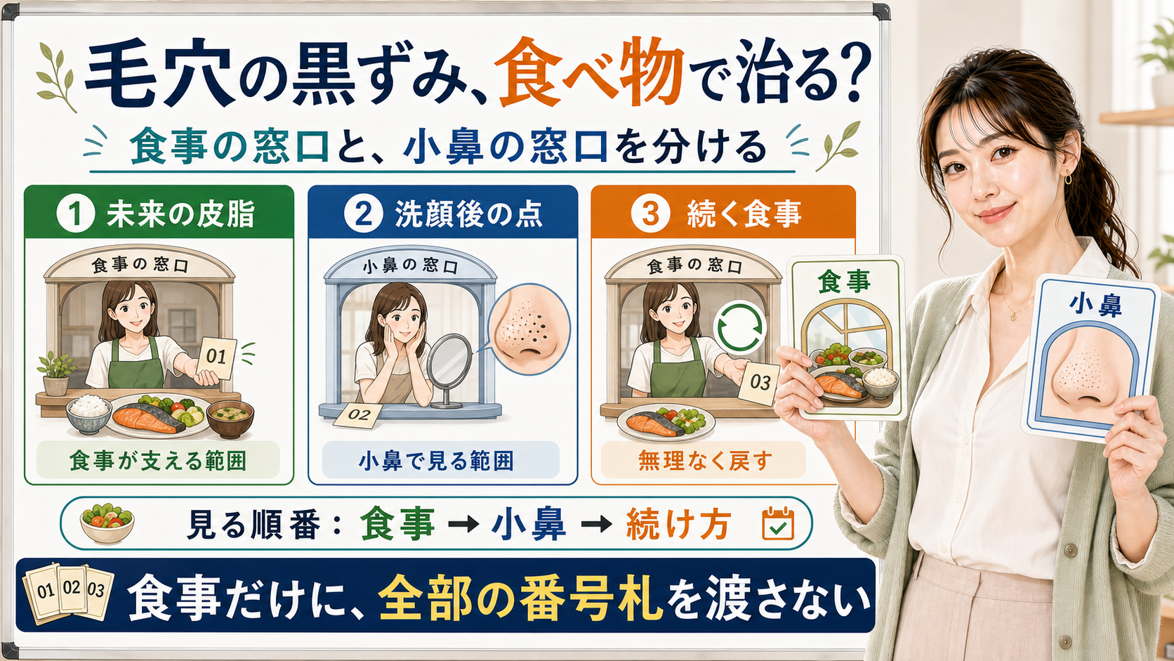 毛穴の黒ずみが食べ物で治るかを未来の皮脂・洗顔後の点・続く食事で整理する図解