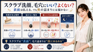 スクラブ洗顔は表面のザラつきには効くが奥の毛穴詰まりには届かず夜にゆるめる必要があると整理したアイキャッチ