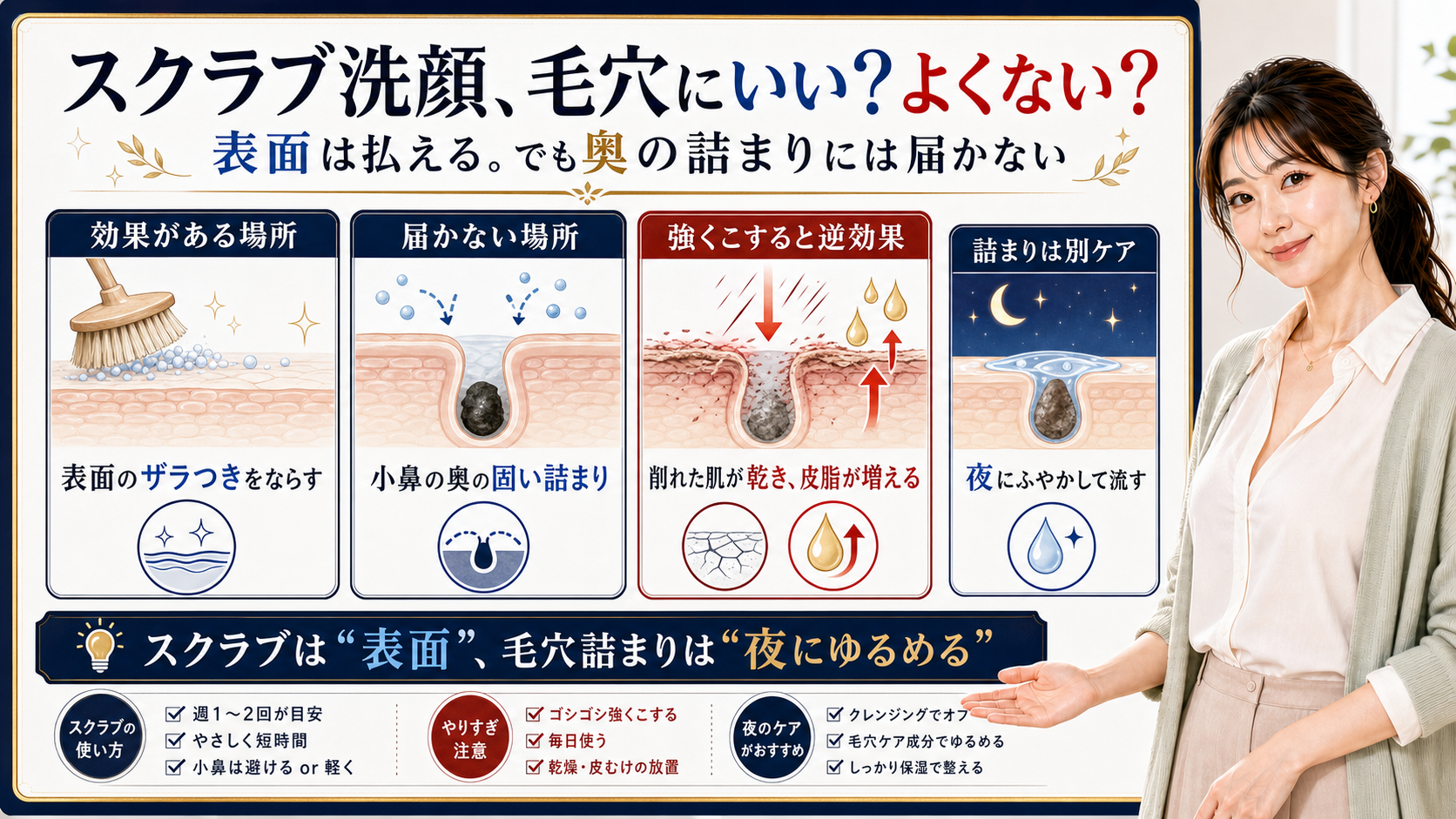 スクラブ洗顔は表面のザラつきには効くが奥の毛穴詰まりには届かず夜にゆるめる必要があると整理したアイキャッチ