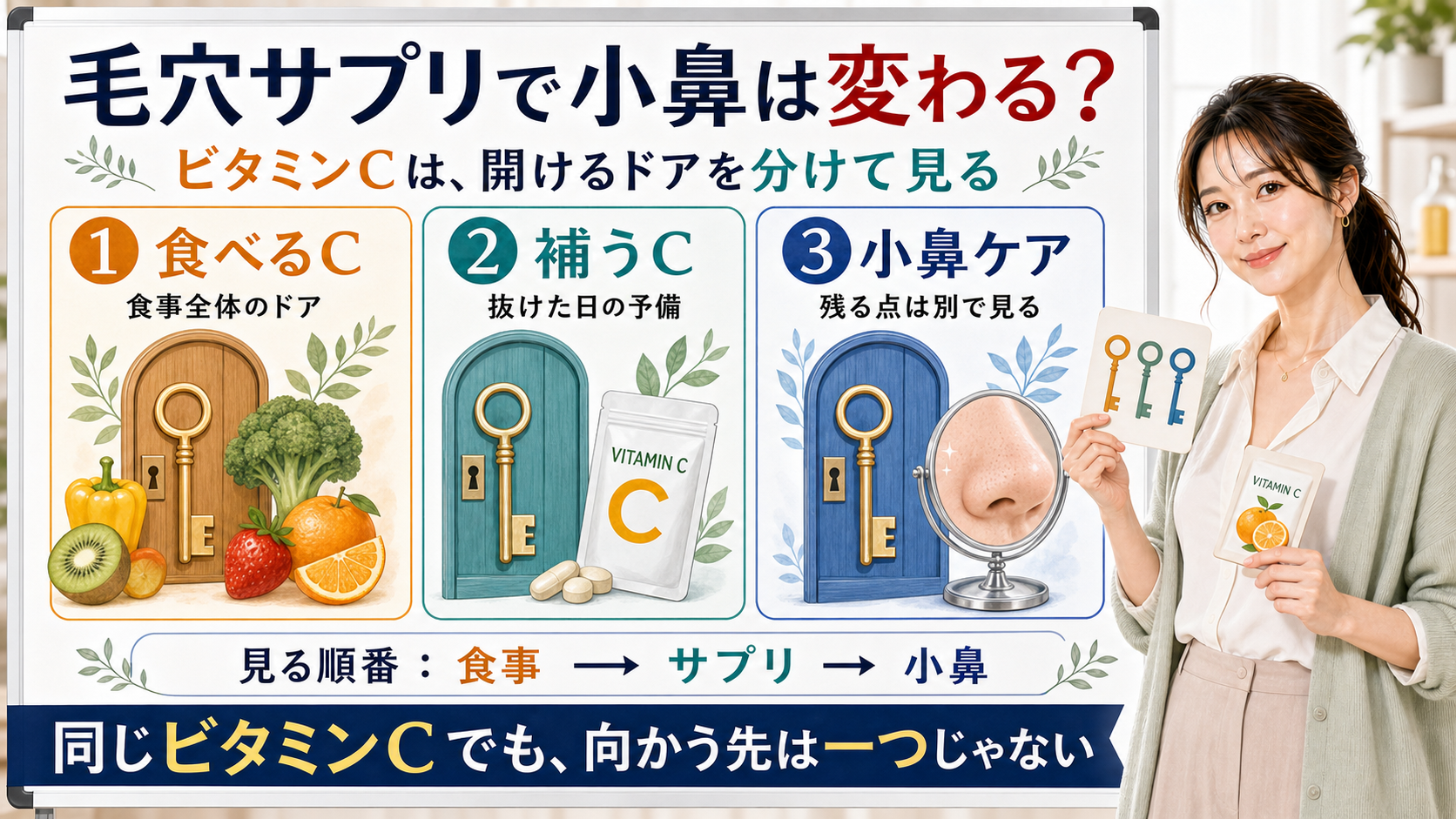 毛穴サプリとビタミンCの違いを食べるC・補うC・小鼻ケアで整理する図解