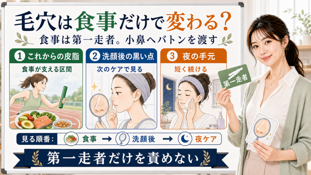 毛穴が食事だけで変わるかをこれからの皮脂・洗顔後の黒い点・夜の手元で整理する図解