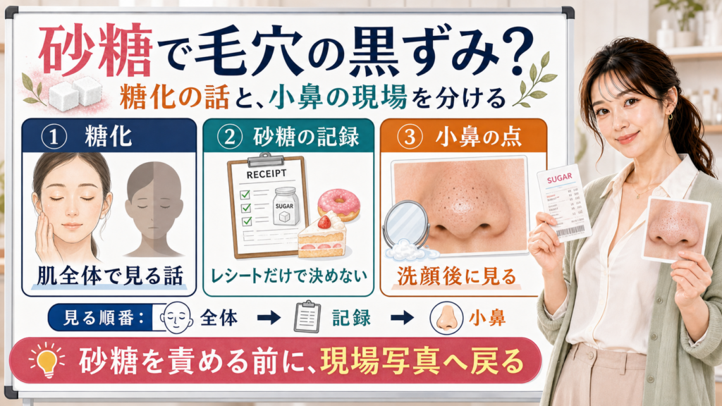 砂糖や糖化と毛穴の黒ずみを糖化・砂糖の記録・小鼻の点で整理する図解