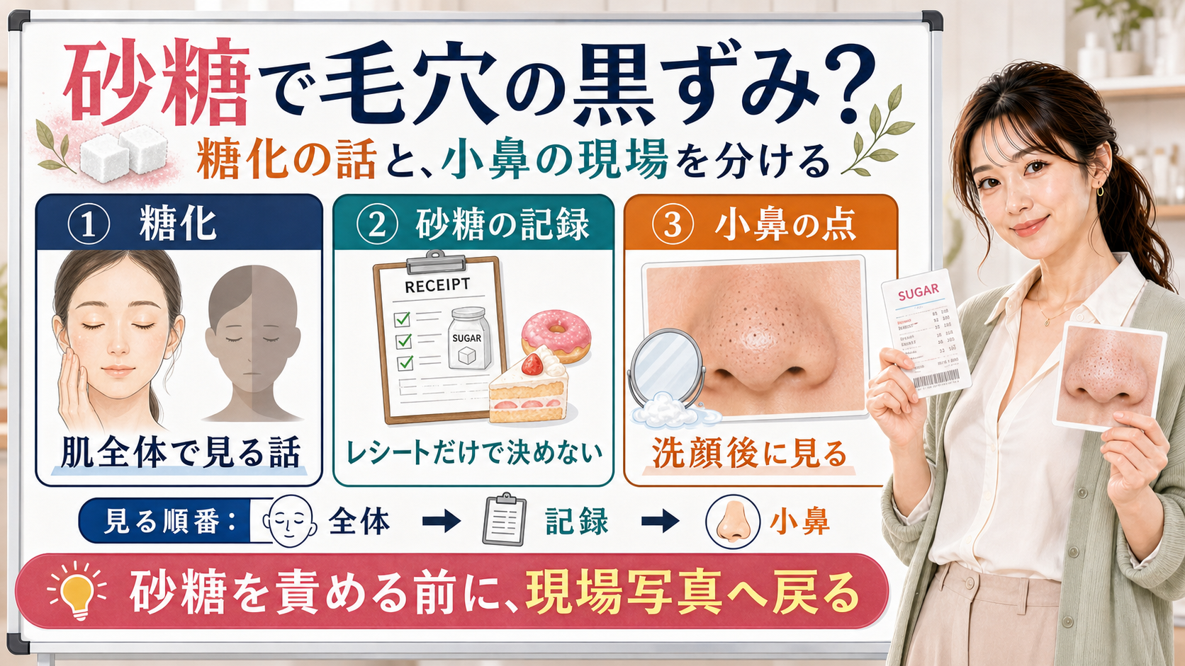 砂糖や糖化と毛穴の黒ずみを糖化・砂糖の記録・小鼻の点で整理する図解