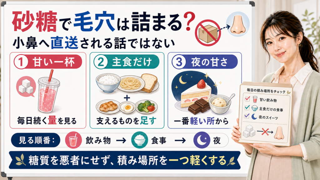砂糖や糖質で毛穴が詰まるかを甘い一杯・主食だけ・夜の甘さで整理する図解