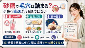 砂糖や糖質で毛穴が詰まるかを甘い一杯・主食だけ・夜の甘さで整理する図解