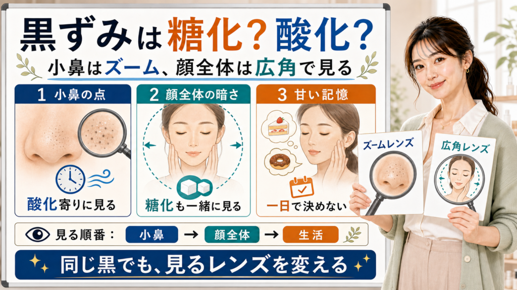 毛穴の黒ずみが糖化か酸化かを小鼻の点・顔全体の暗さ・甘い記憶で整理する図解