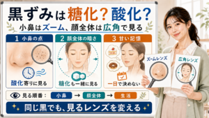 毛穴の黒ずみが糖化か酸化かを小鼻の点・顔全体の暗さ・甘い記憶で整理する図解