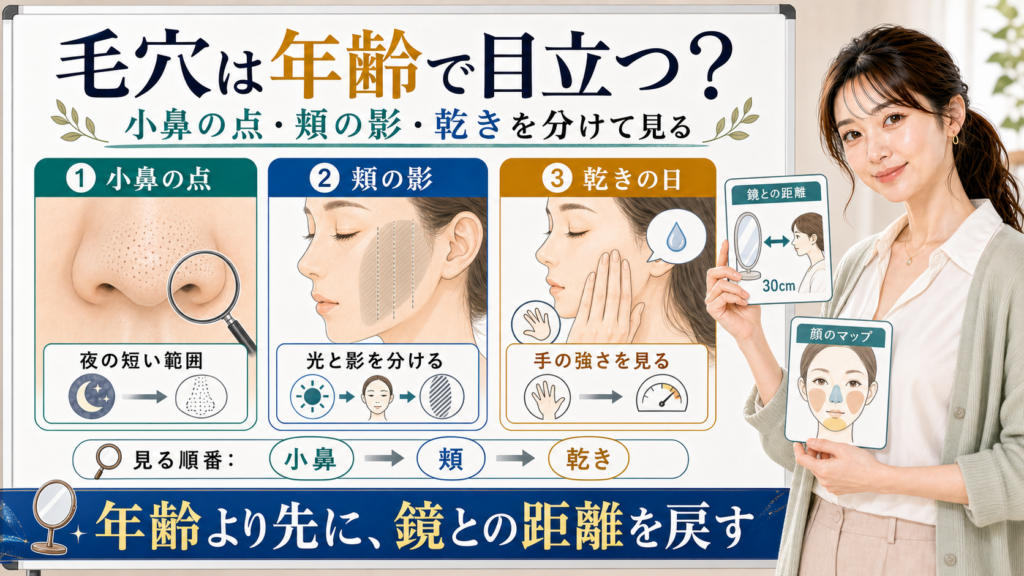 年齢とともに毛穴が目立つ理由を小鼻の点・頬の影・乾きの日で整理する図解