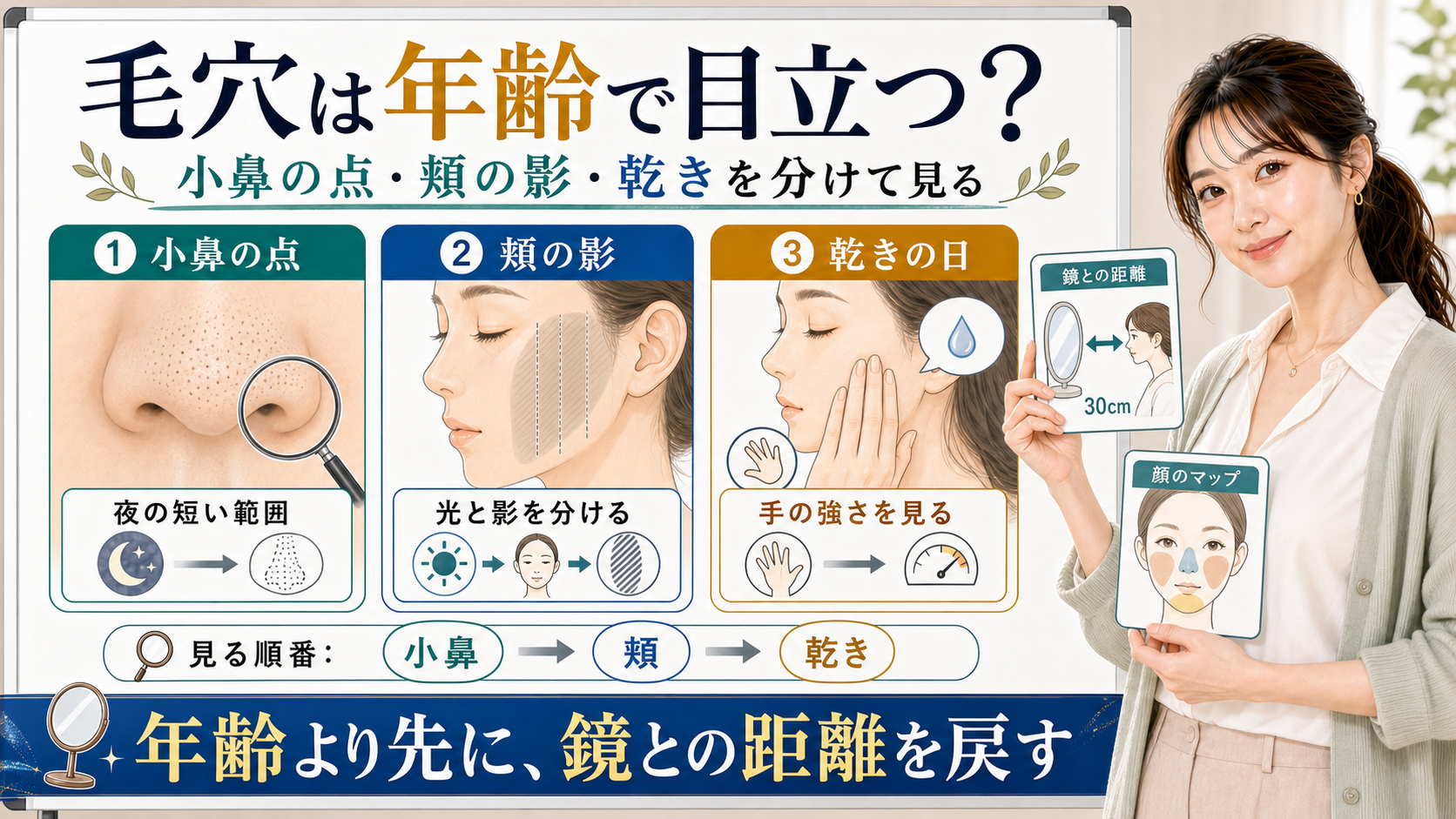 年齢とともに毛穴が目立つ理由を小鼻の点・頬の影・乾きの日で整理する図解