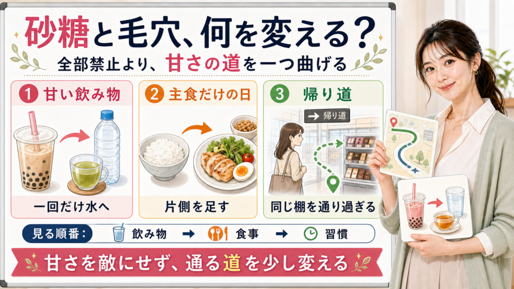 砂糖と毛穴の見直し方を甘い飲み物・主食だけの日・帰り道で整理する図解