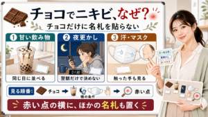 チョコでニキビができる理由を甘い飲み物・夜更かし・汗やマスクで整理する図解