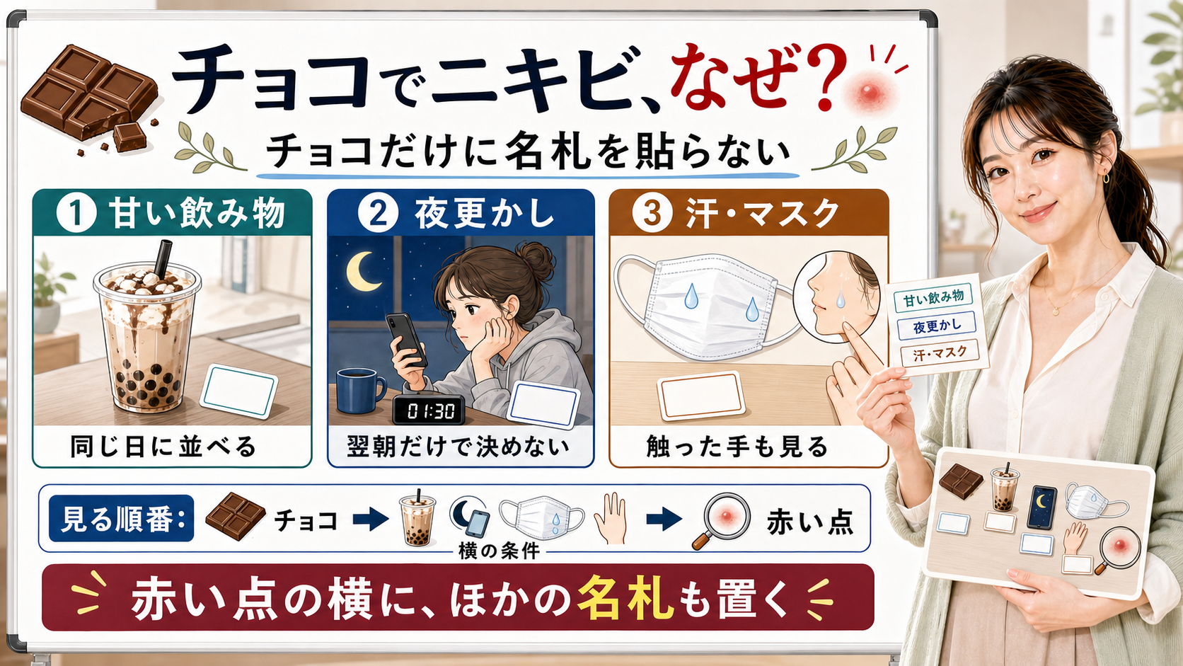 チョコでニキビができる理由を甘い飲み物・夜更かし・汗やマスクで整理する図解