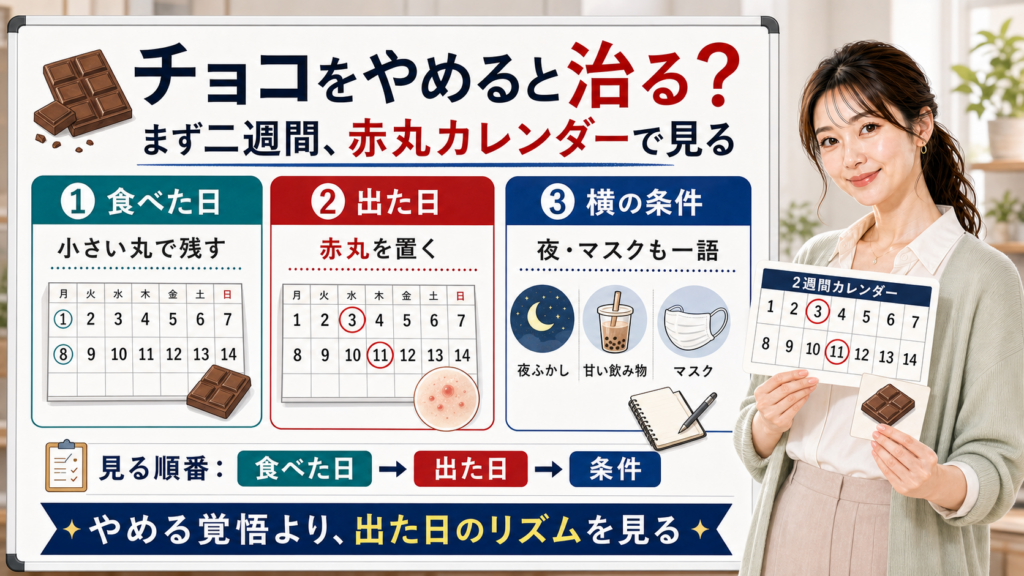 チョコをやめるとニキビが治るかを食べた日・出た日・横の条件で整理する図解