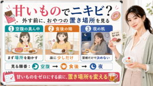 甘いものでニキビができる理由を空腹の真ん中・食後の端・夜の机で整理する図解