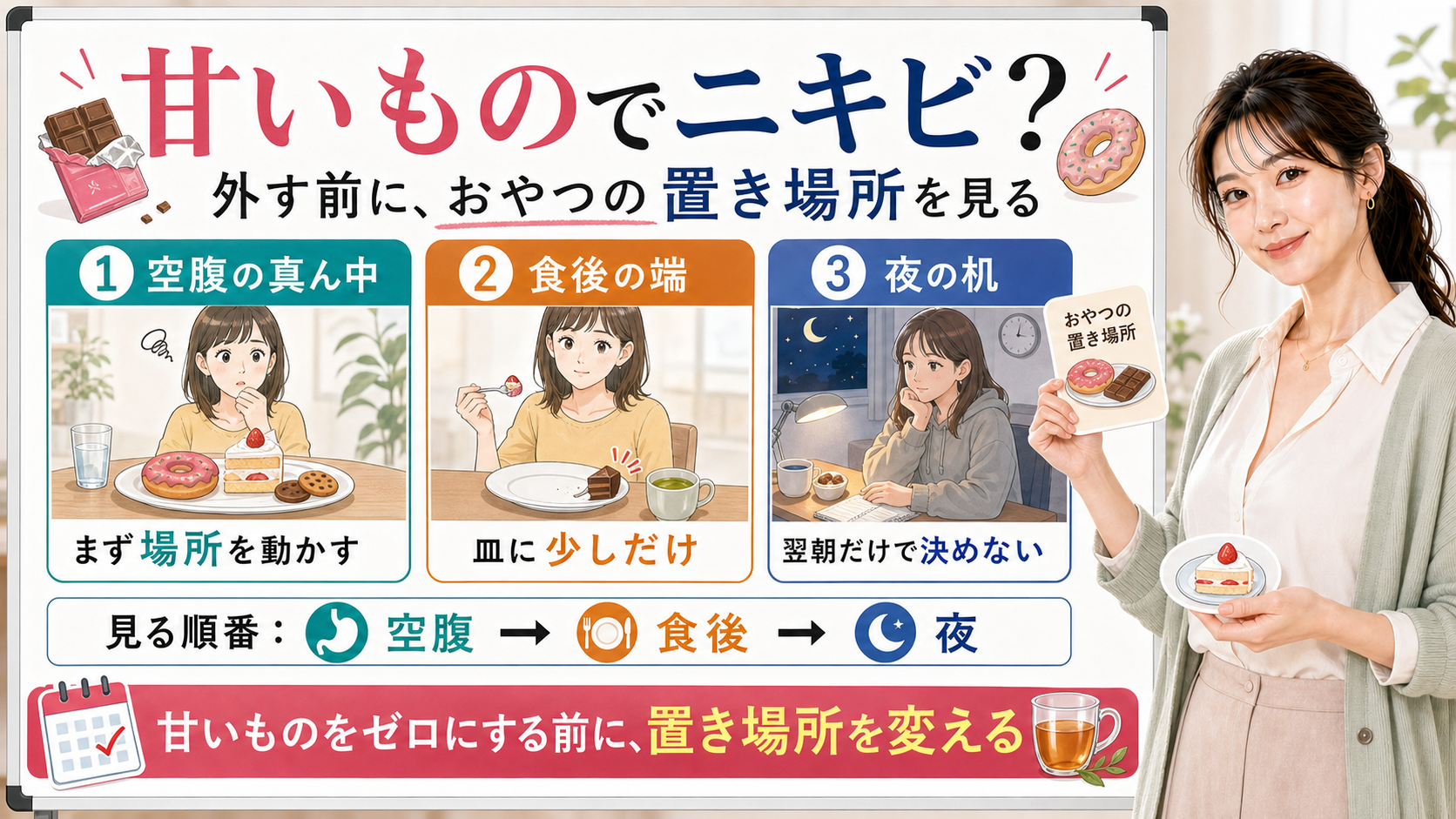 甘いものでニキビができる理由を空腹の真ん中・食後の端・夜の机で整理する図解