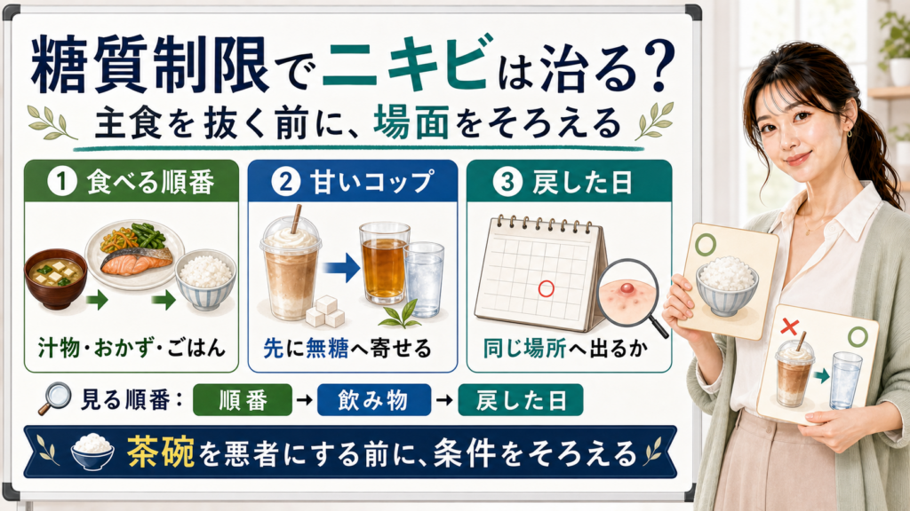 糖質制限でニキビが改善するかを食べる順番・甘いコップ・戻した日で整理する図解