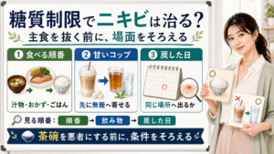 糖質制限でニキビが改善するかを食べる順番・甘いコップ・戻した日で整理する図解
