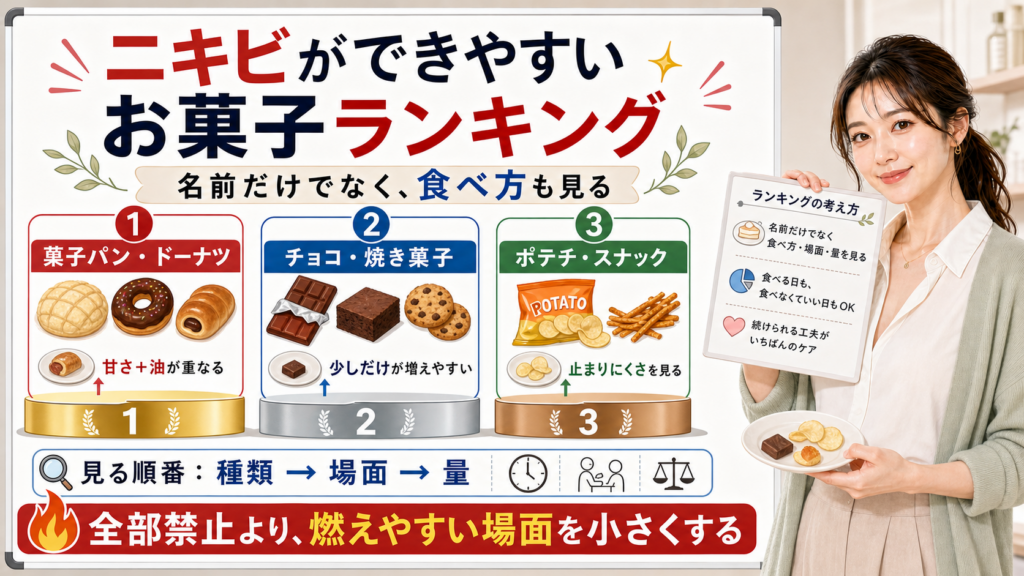 ニキビができやすいお菓子ランキングを菓子パン・ドーナツ、チョコ・焼き菓子、ポテチ・スナックで整理する図解