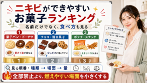 ニキビができやすいお菓子ランキングを菓子パン・ドーナツ、チョコ・焼き菓子、ポテチ・スナックで整理する図解