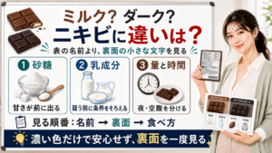 ミルクチョコとダークチョコのニキビへの違いを砂糖・乳成分・量と時間で整理する図解
