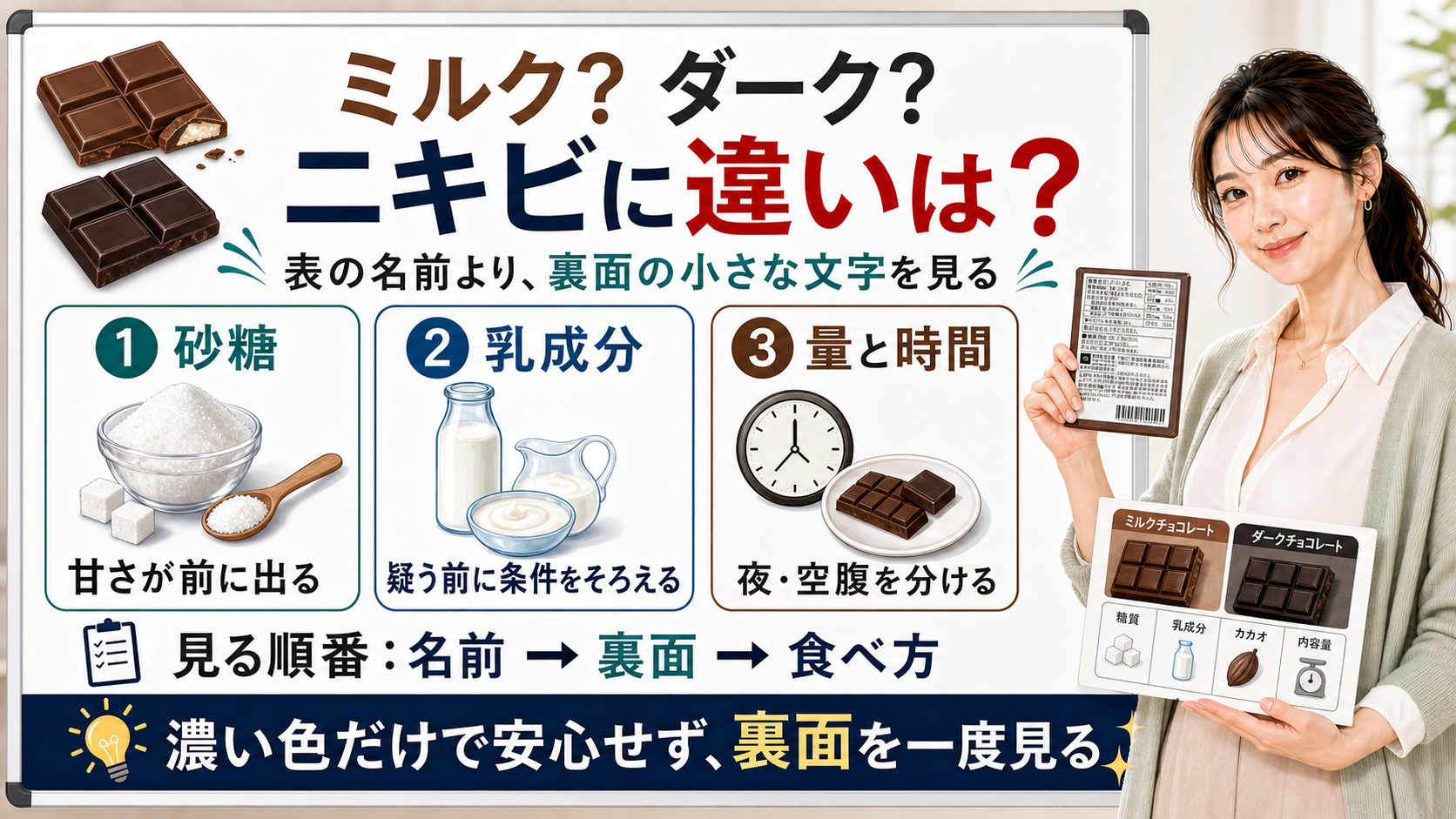 ミルクチョコとダークチョコのニキビへの違いを砂糖・乳成分・量と時間で整理する図解