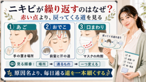 ニキビが繰り返す理由をあご・おでこ・口まわりへ戻ってくる道で整理する図解