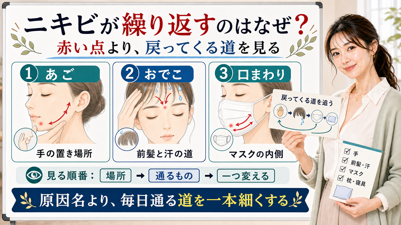 ニキビが繰り返す理由をあご・おでこ・口まわりへ戻ってくる道で整理する図解