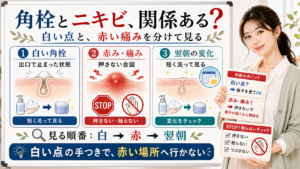 角栓とニキビの関係を白い角栓・赤みや痛み・翌朝の変化で整理する図解